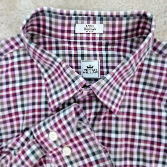 Peter Millar Dress Shirt White Pink Black Gray Plaid Long Sleeve Mens Size L - Picture 1 of 10